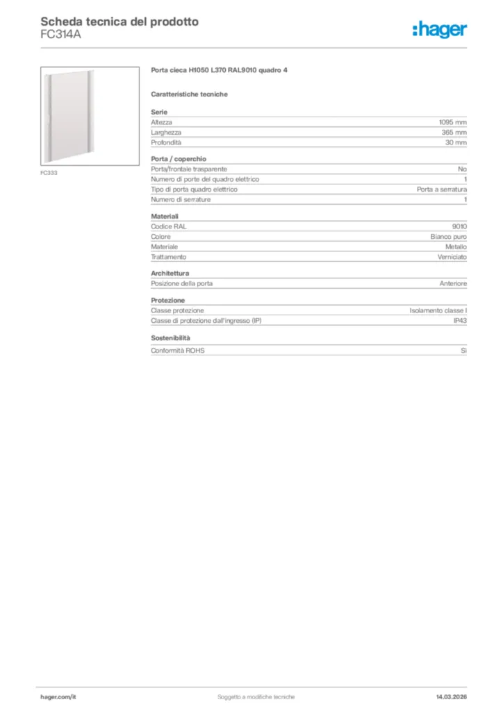 Immagine Hager Scheda tecnica del prodotto FC314A | Hager Italia