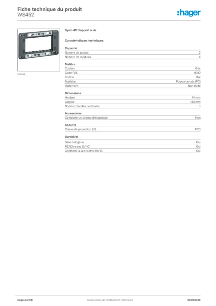 Image Hager Fiche technique du produit WS452 | Hager France