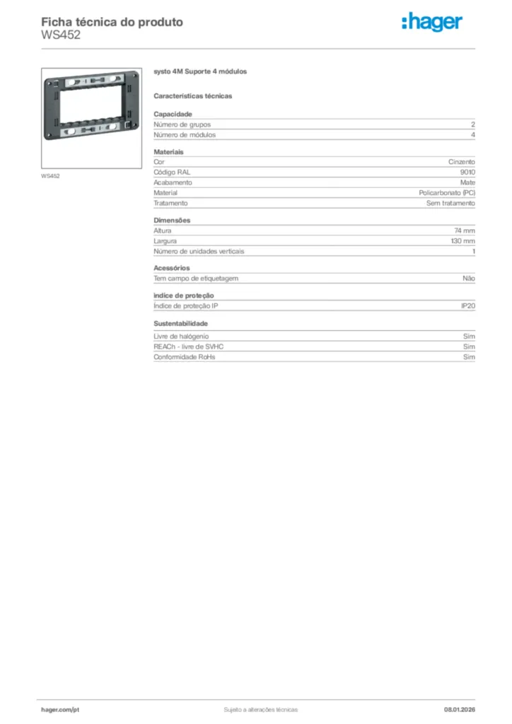 Imagem Hager Ficha técnica do produto WS452 | Hager Portugal