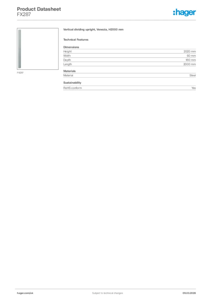 Image Hager Product data sheet FX287  | Hager