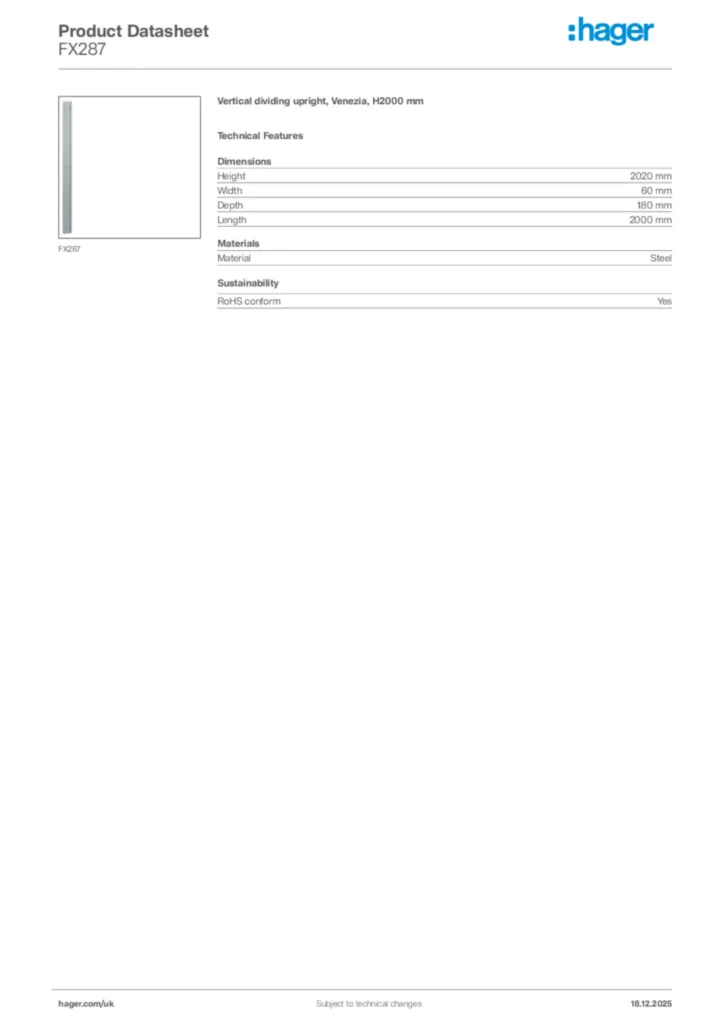 Image Hager Product data sheet FX287  | Hager