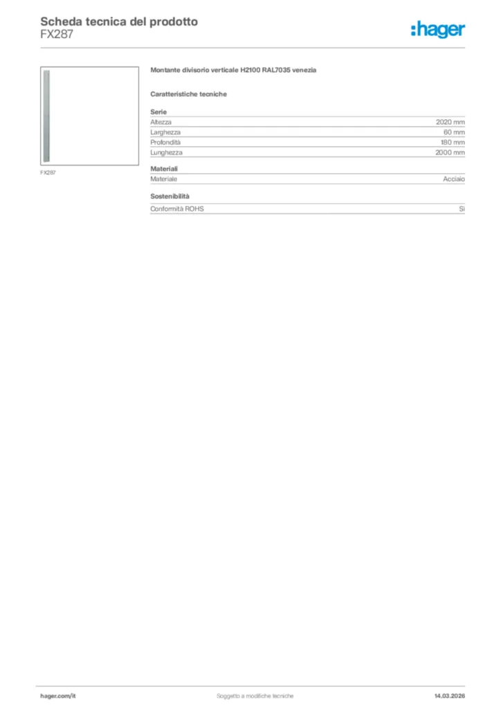 Immagine Hager Scheda tecnica del prodotto FX287 | Hager Italia