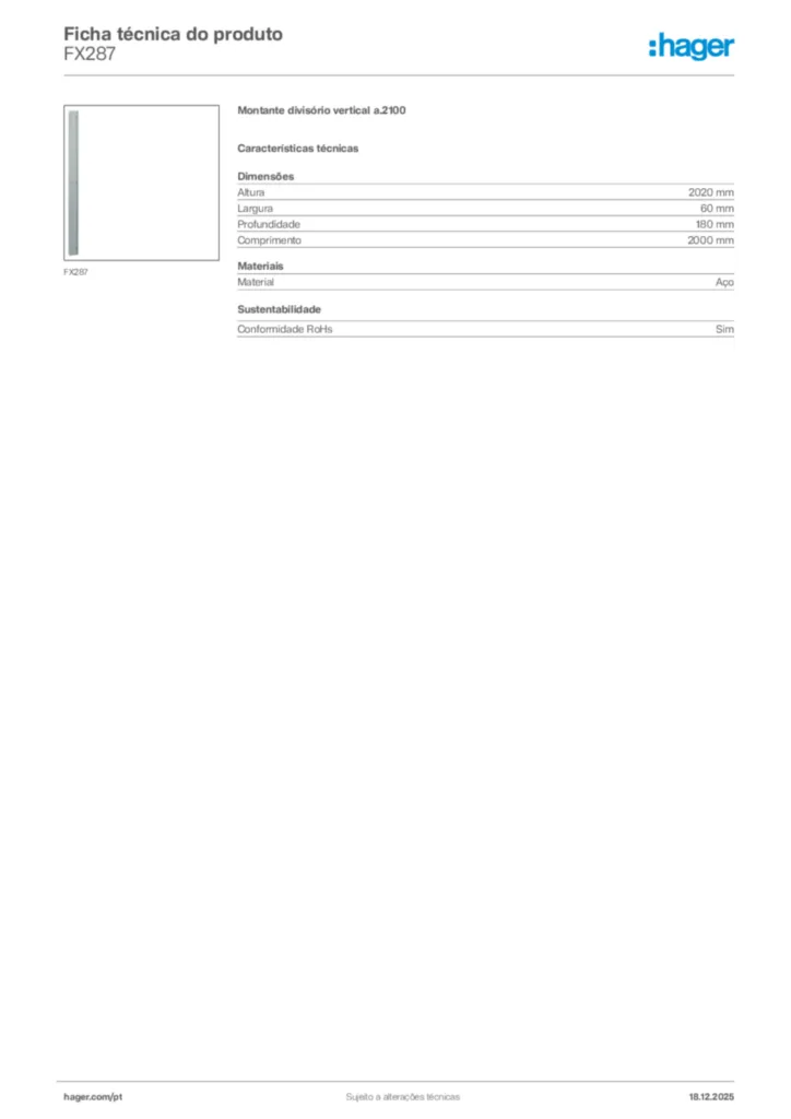 Imagem Hager Ficha técnica do produto FX287 | Hager Portugal
