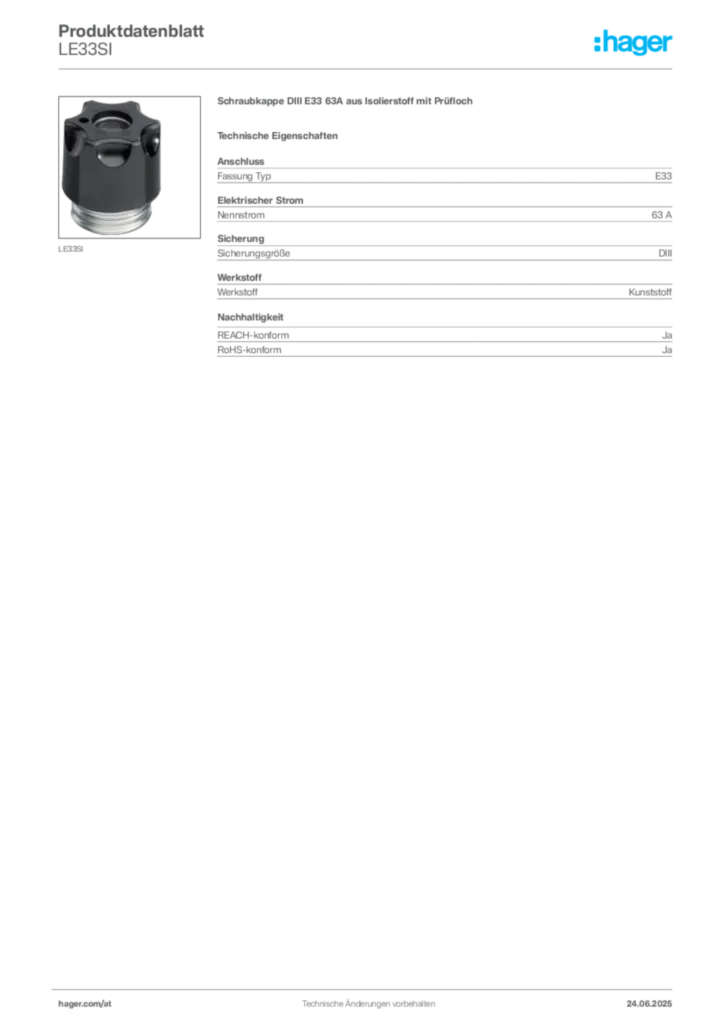 Bild Hager Produktdatenblatt LE33SI | Hager Deutschland