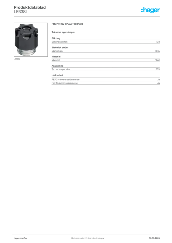 Bild Hager Produktdatablad LE33SI | Hager Sverige