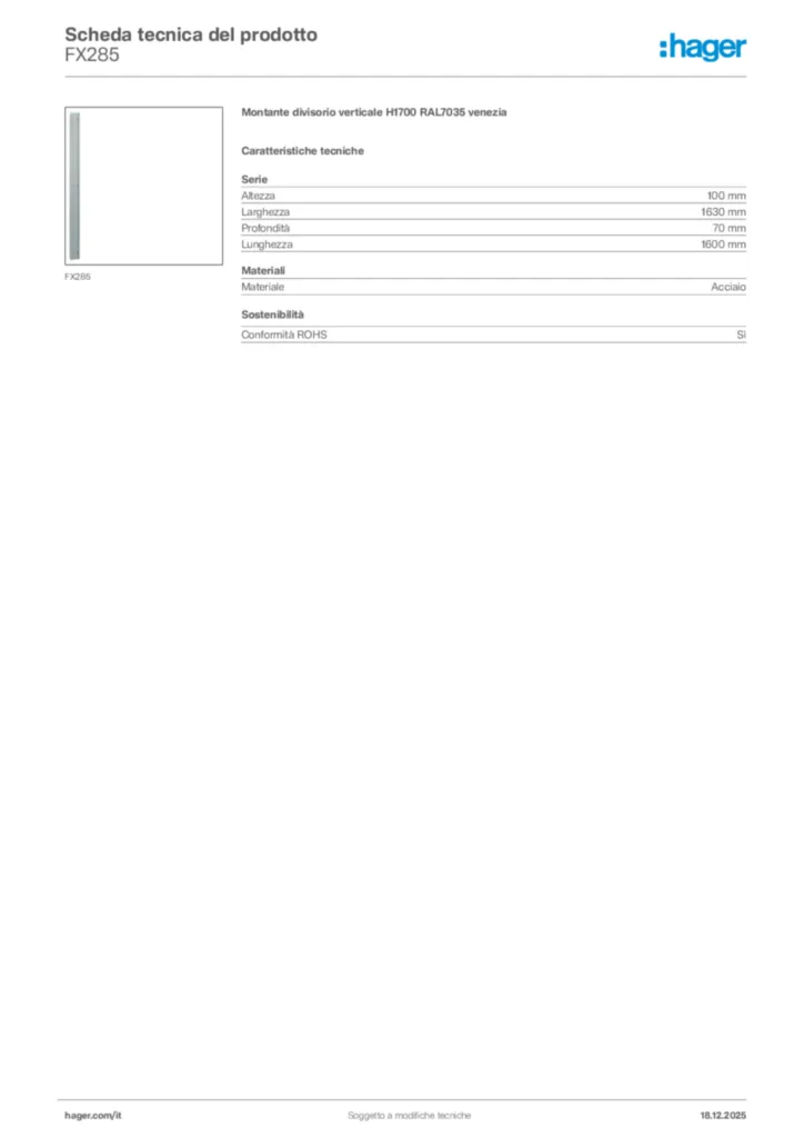 Immagine Hager Scheda tecnica del prodotto FX285 | Hager Italia
