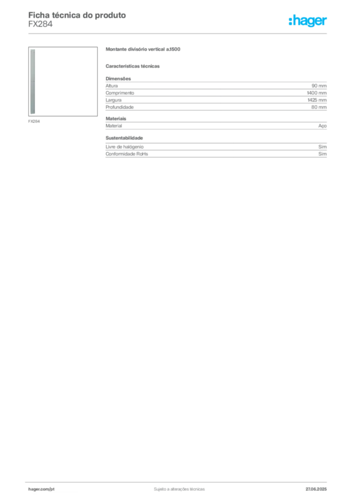 Imagem Hager Ficha técnica do produto FX284 | Hager Portugal