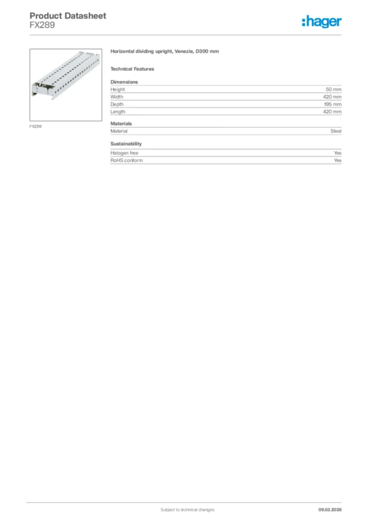 Image Hager Product data sheet FX289  | Hager Africa