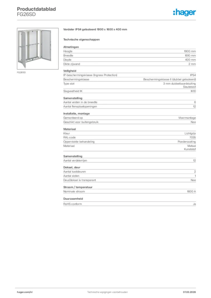 Afbeelding Hager Productdatablad FG26SD | Hager Nederland