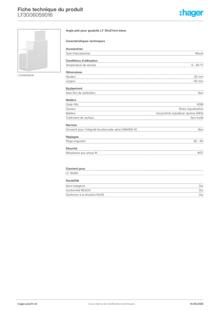 Image Hager Fiche technique du produit LF3006059016 | Hager Suisse