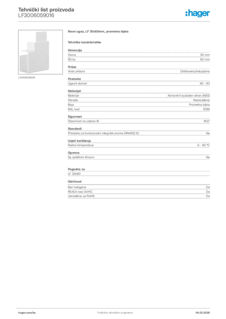 Slika Hager Tehnički list proizvoda LF3006059016  | Hager