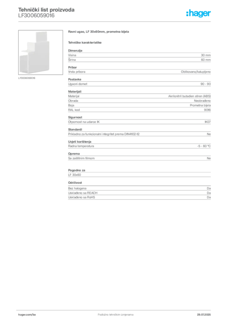 Slika Hager Product data sheet LF3006059016  | Hager