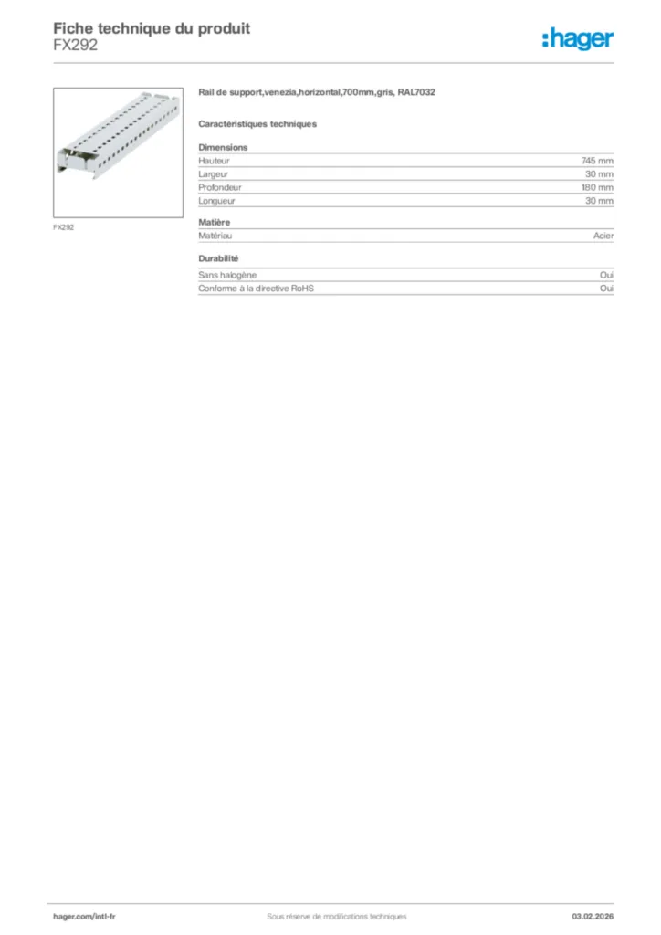 Image Hager Fiche technique du produit FX292 | Hager Afrique