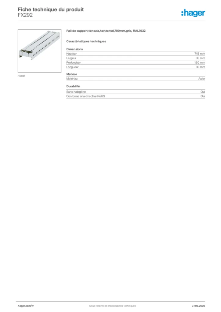 Image Hager Fiche technique du produit FX292 | Hager France