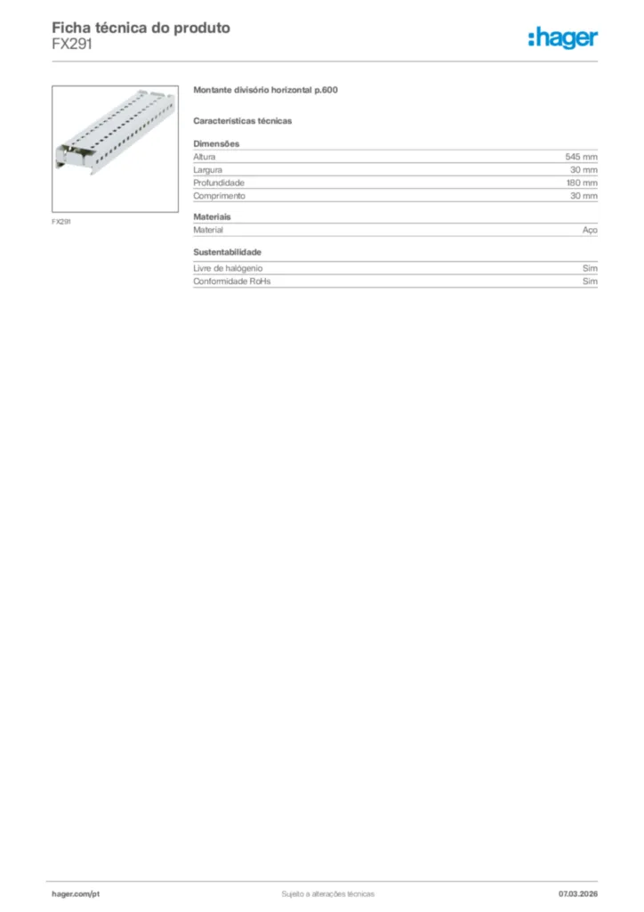 Imagem Hager Ficha técnica do produto FX291 | Hager Portugal