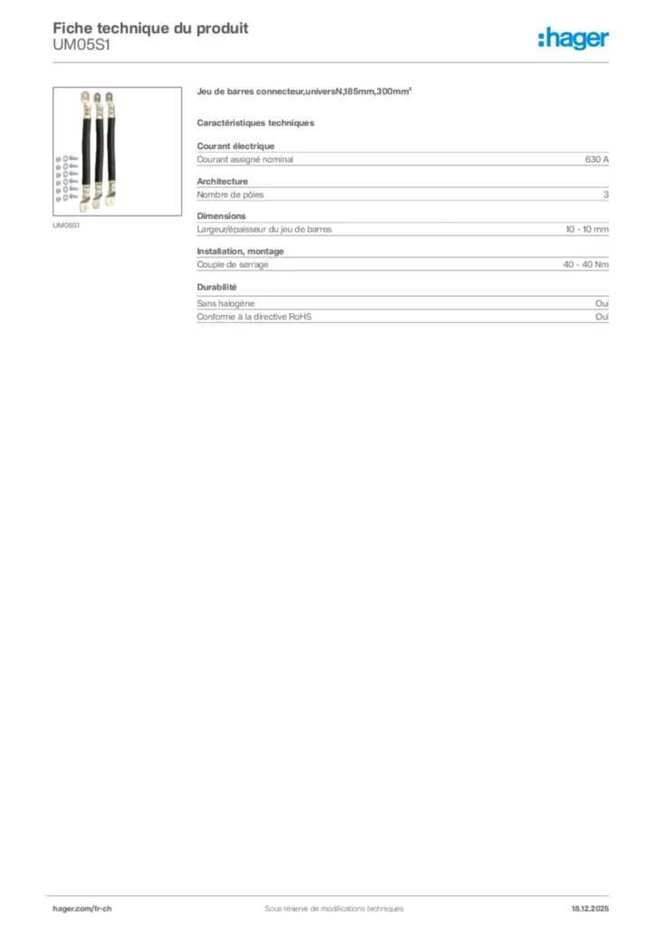 Image Hager Fiche technique du produit UM05S1 | Hager Suisse