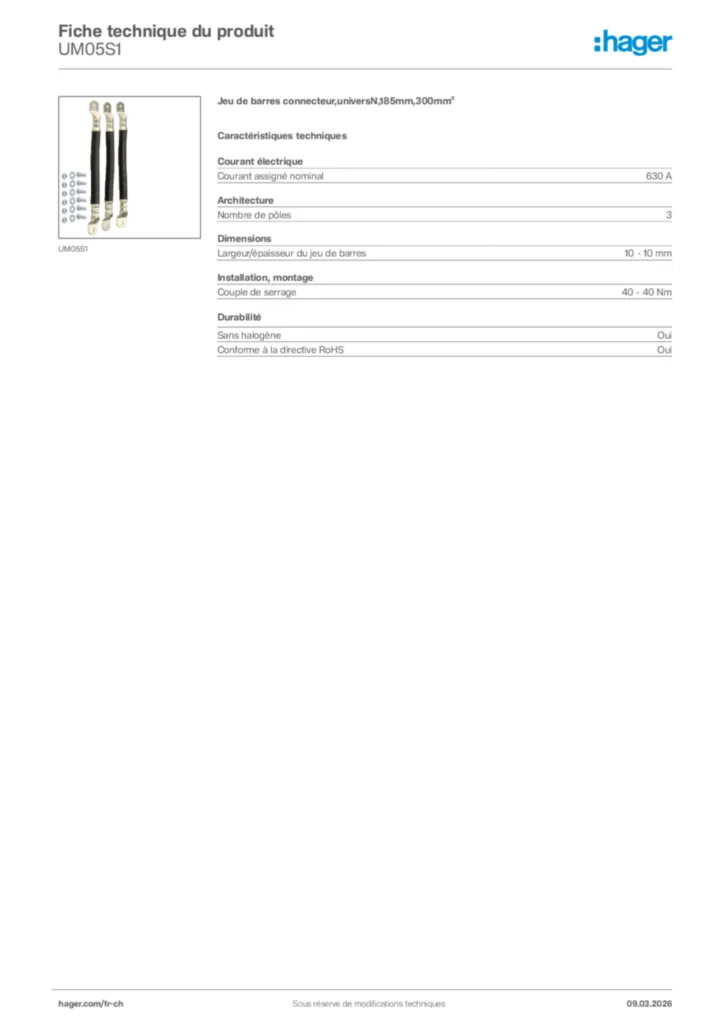 Image Hager Fiche technique du produit UM05S1 | Hager Suisse