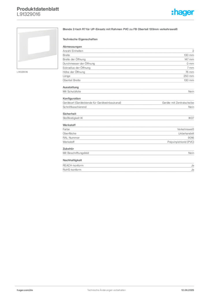 Hager Produktdatenblatt L91329016