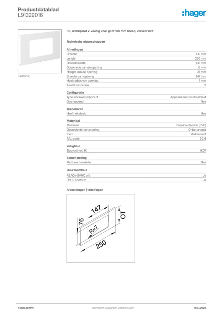 Afbeelding Hager Productdatablad L91329016 | Hager Nederland