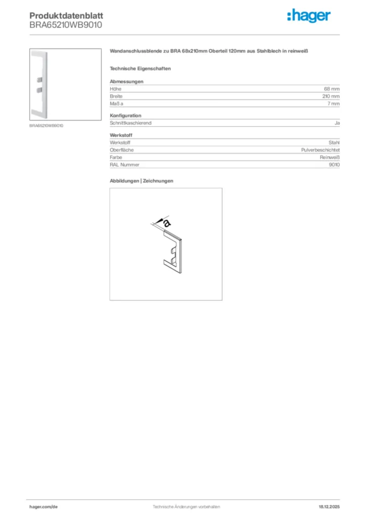 Bild Hager Produktdatenblatt BRA65210WB9010 | Hager Deutschland