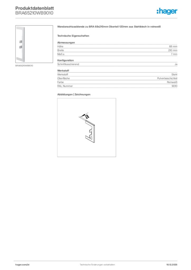 Bild Hager Produktdatenblatt BRA65210WB9010 | Hager Deutschland
