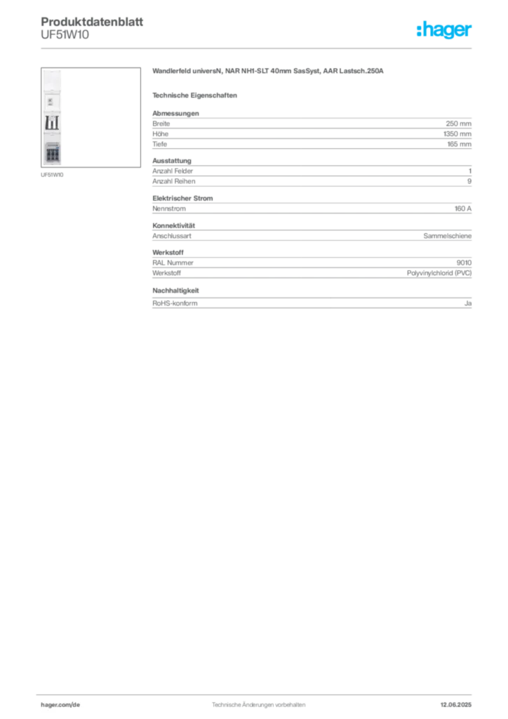 Bild Hager Produktdatenblatt UF51W10 | Hager Deutschland