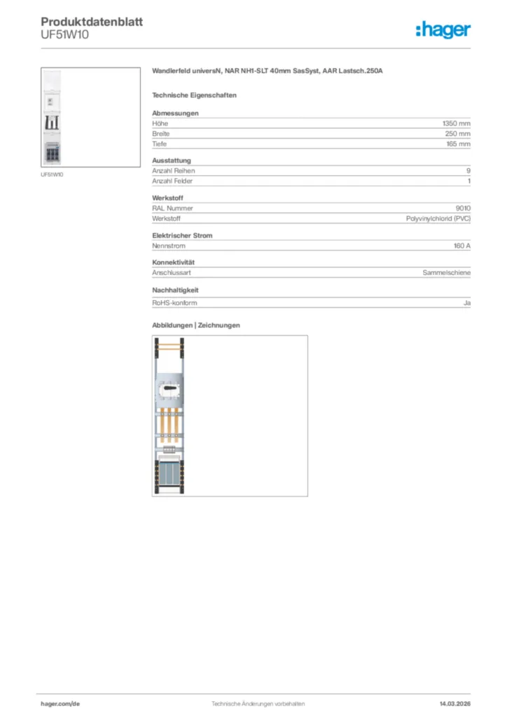Bild Hager Produktdatenblatt UF51W10 | Hager Deutschland