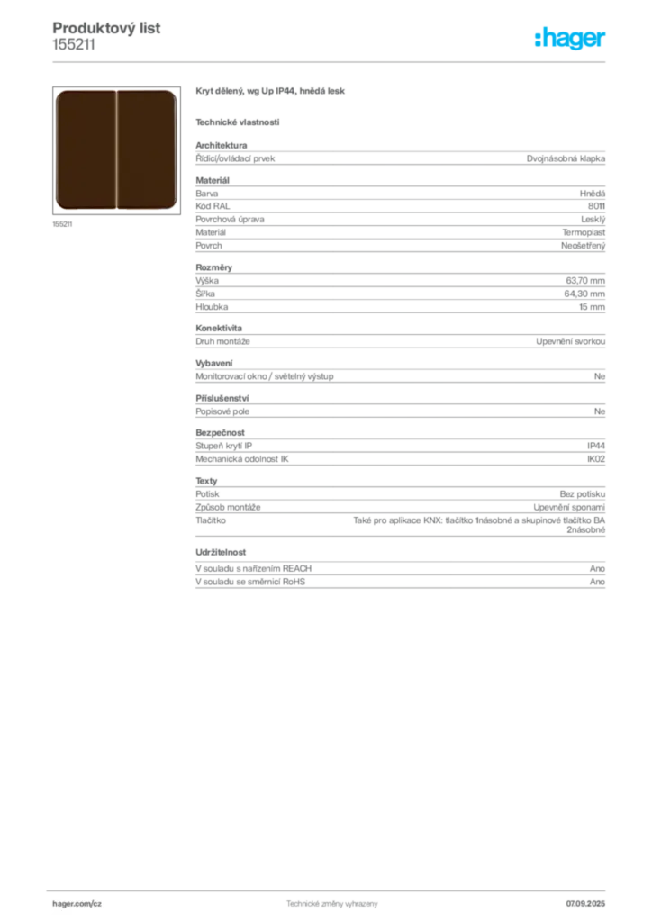 Obrázek Hager Produktový list 155211 | Hager