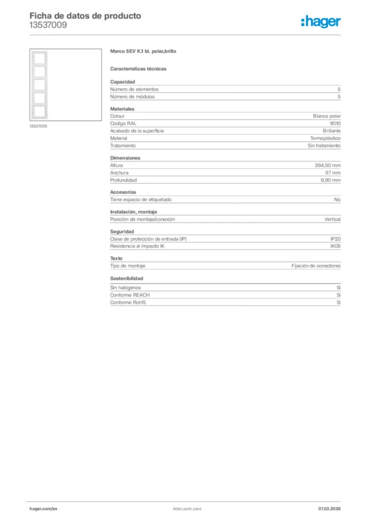 Imagen Hager Ficha de datos de producto 13537009 | Hager España