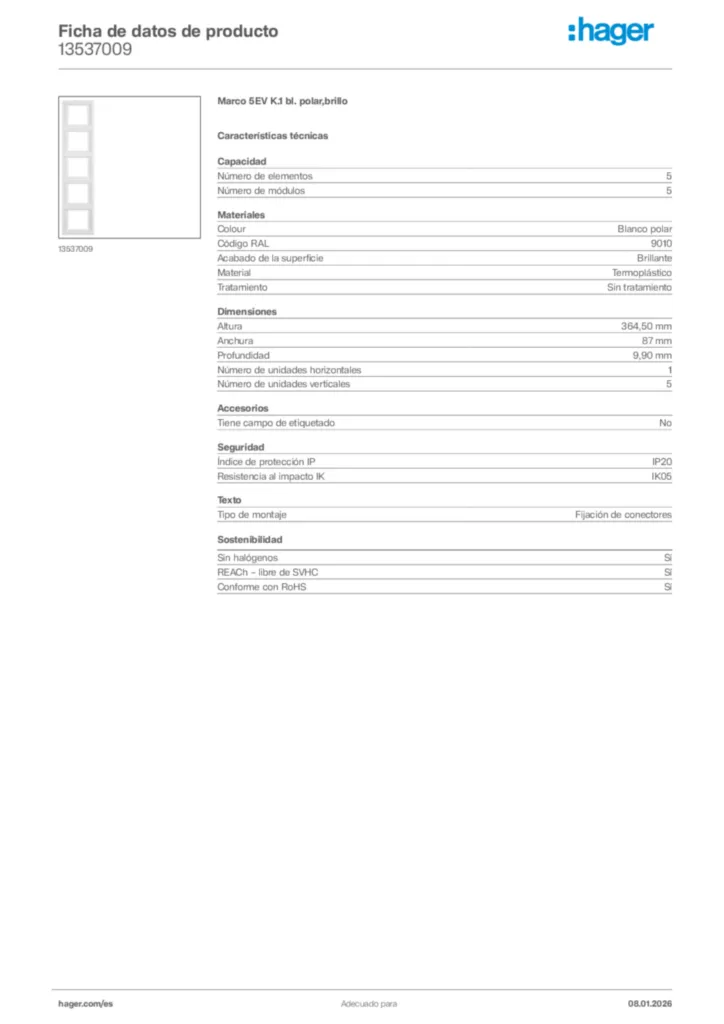 Imagen Hager Ficha de datos de producto 13537009 | Hager España