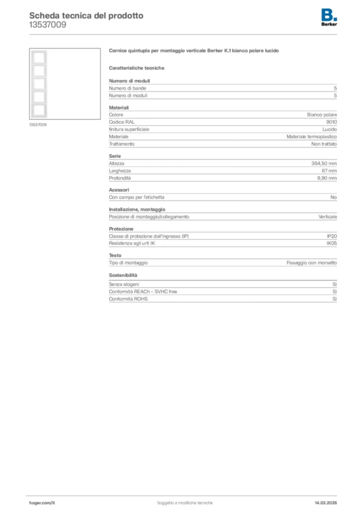 Immagine Berker Scheda tecnica del prodotto 13537009 | Hager Italia
