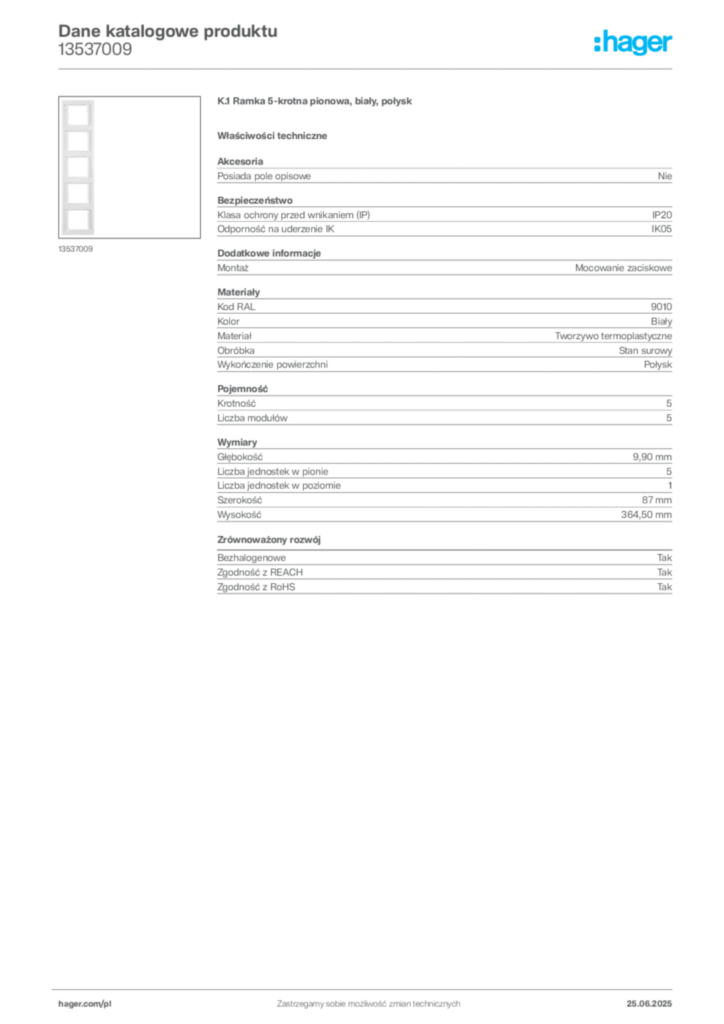 Zdjęcie Hager Karta katalogowa 13537009 | Hager Polska