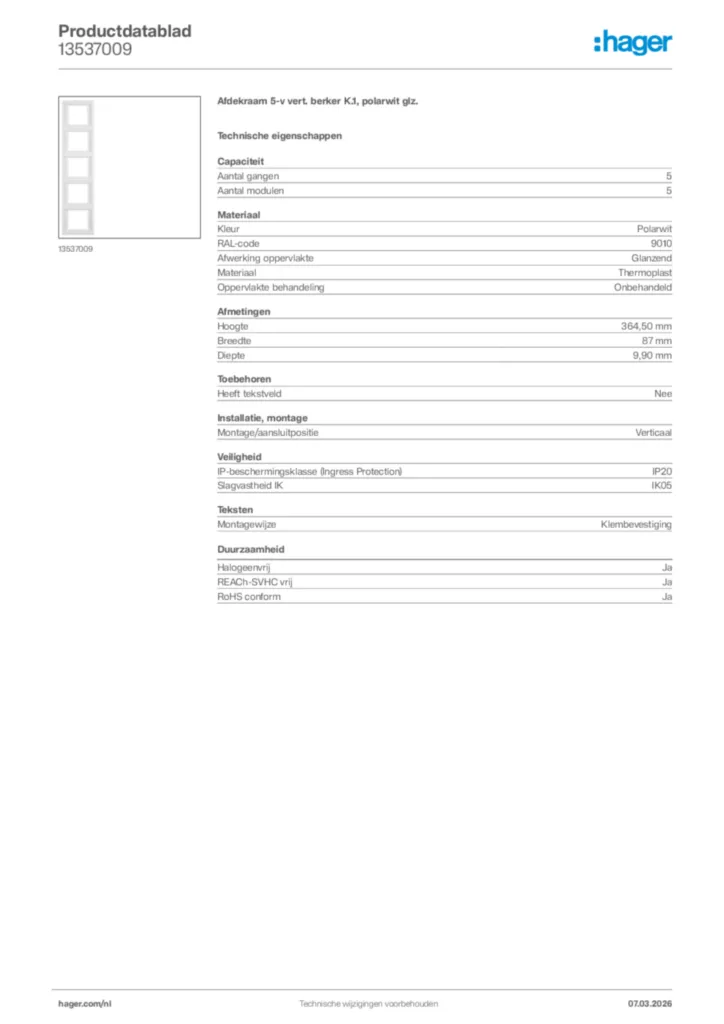 Afbeelding Hager Productdatablad 13537009 | Hager Nederland