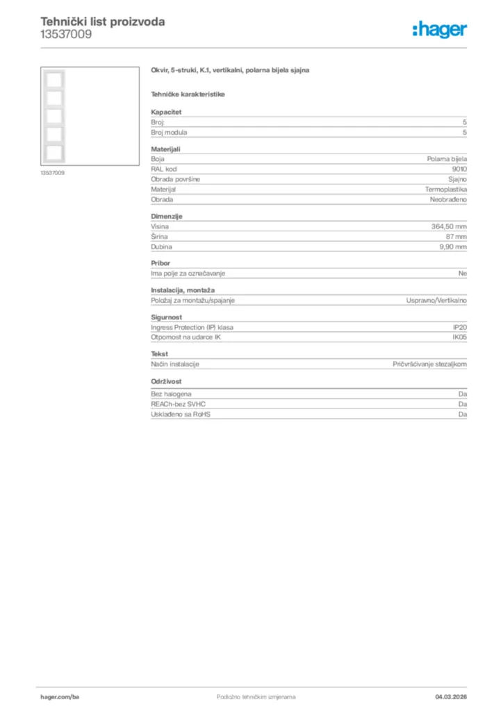 Slika Hager Tehnički list proizvoda 13537009  | Hager