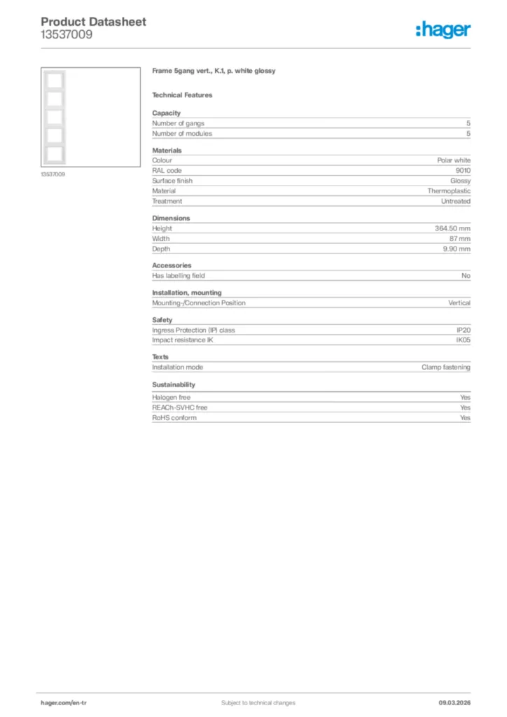 Image Hager Product data sheet 13537009  | Hager