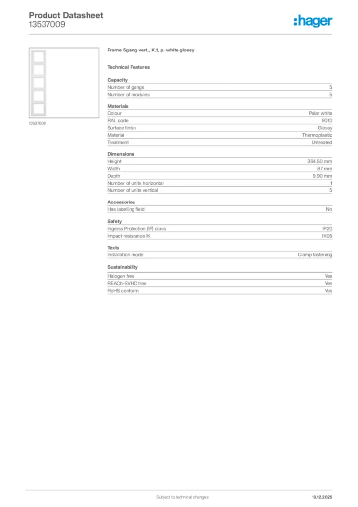 Image Hager Product data sheet 13537009  | Hager