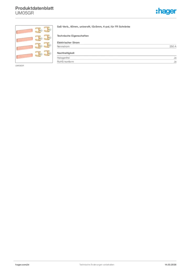 Bild Hager Produktdatenblatt UM05GR | Hager Deutschland