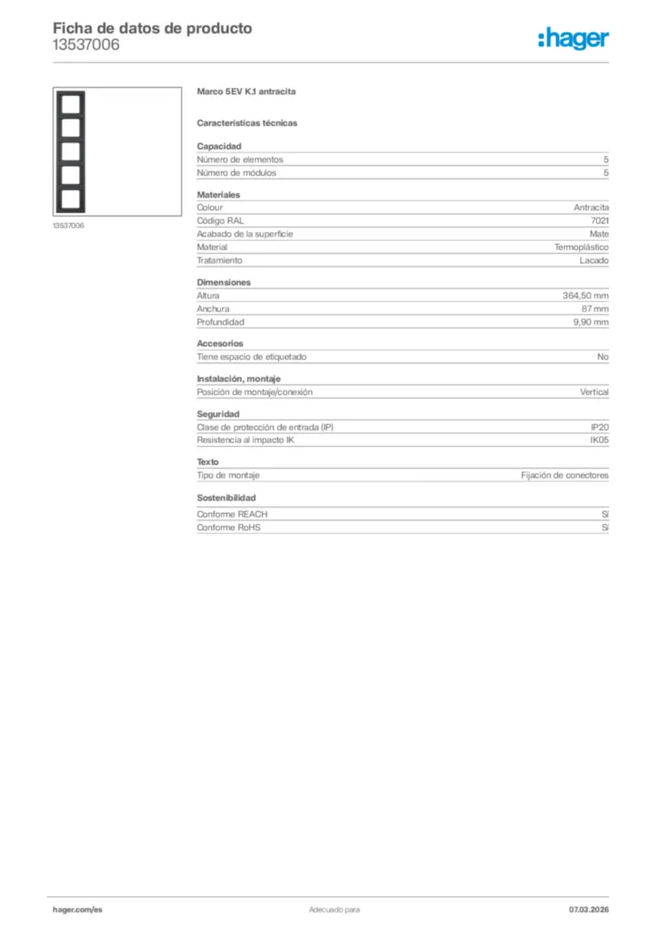 Imagen Hager Ficha de datos de producto 13537006 | Hager España