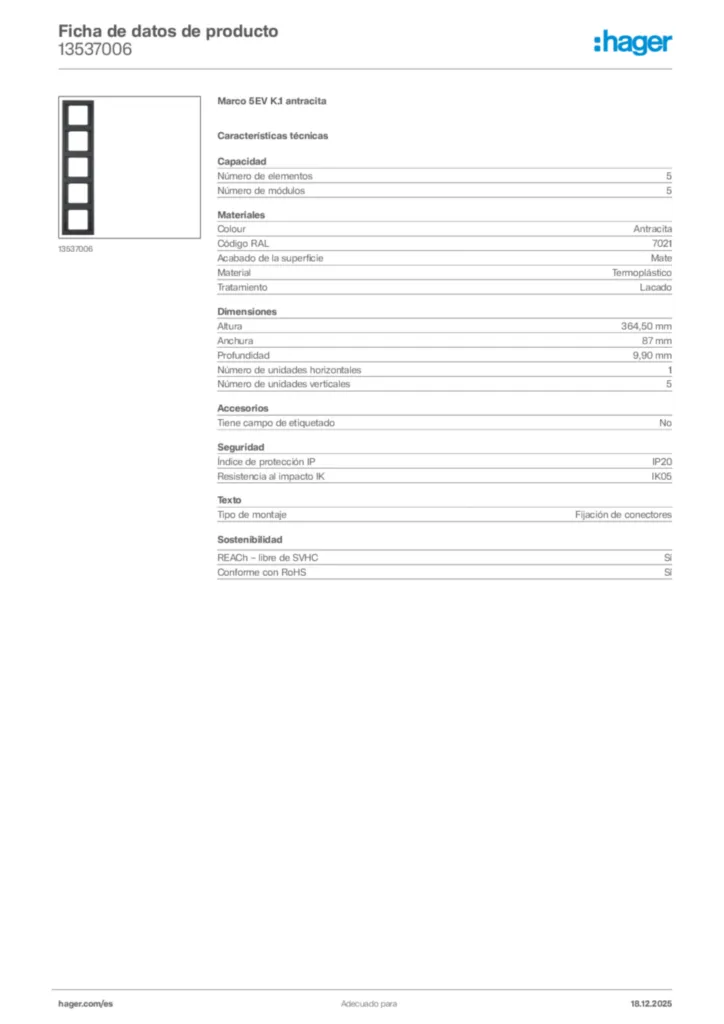 Imagen Hager Ficha de datos de producto 13537006 | Hager España