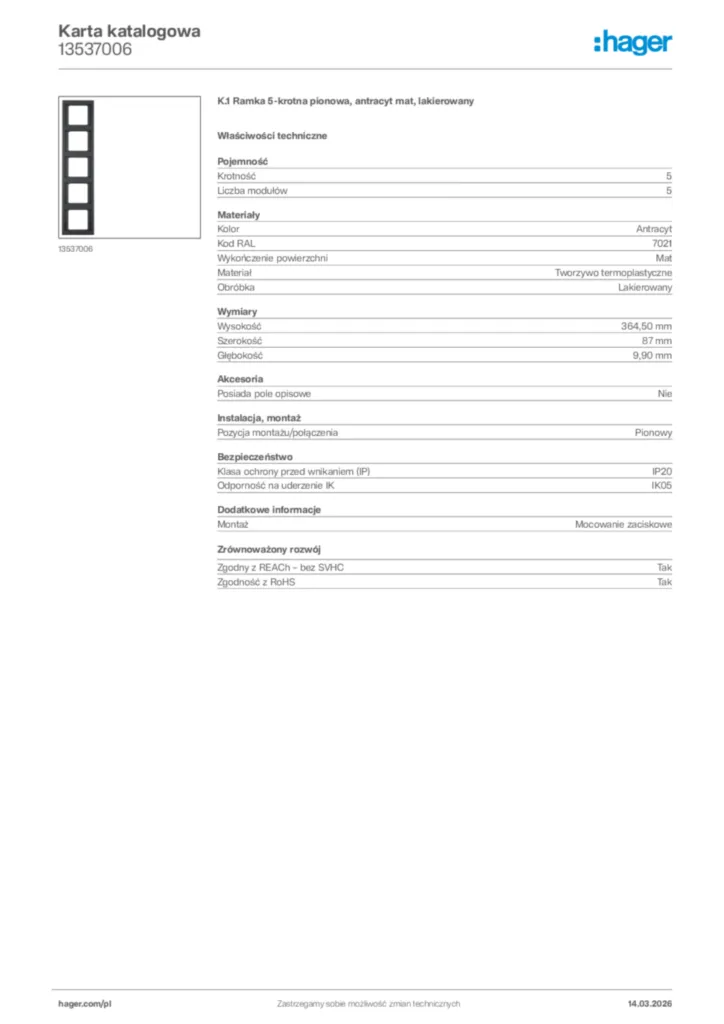 Zdjęcie Hager Karta katalogowa 13537006 | Hager Polska