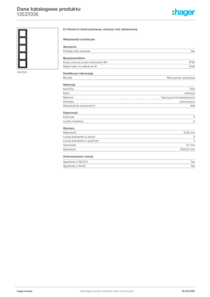 Zdjęcie Hager Karta katalogowa 13537006 | Hager Polska