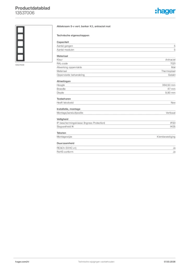 Afbeelding Hager Productdatablad 13537006 | Hager Nederland
