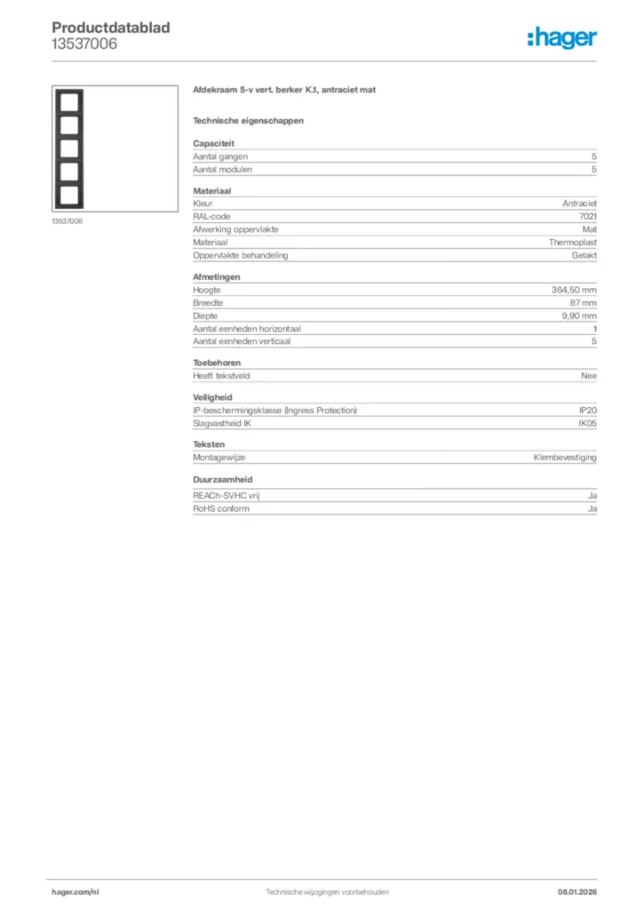 Afbeelding Hager Productdatablad 13537006 | Hager Nederland