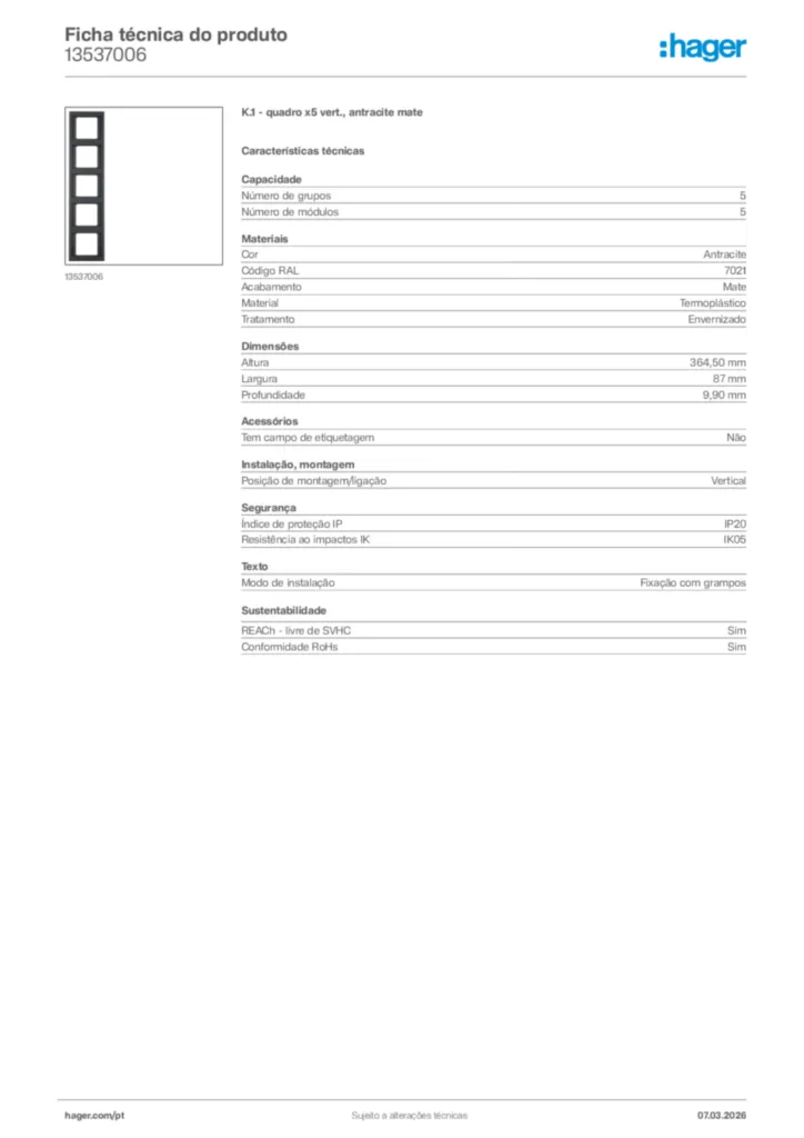 Imagem Hager Ficha técnica do produto 13537006 | Hager Portugal