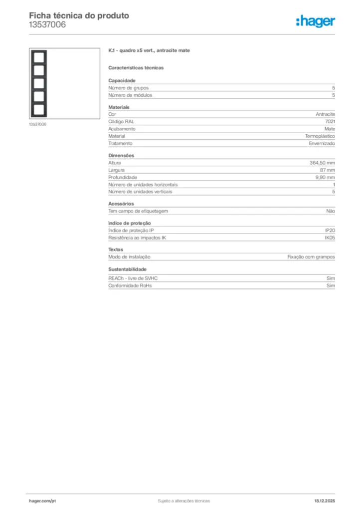 Imagem Hager Ficha técnica do produto 13537006 | Hager Portugal