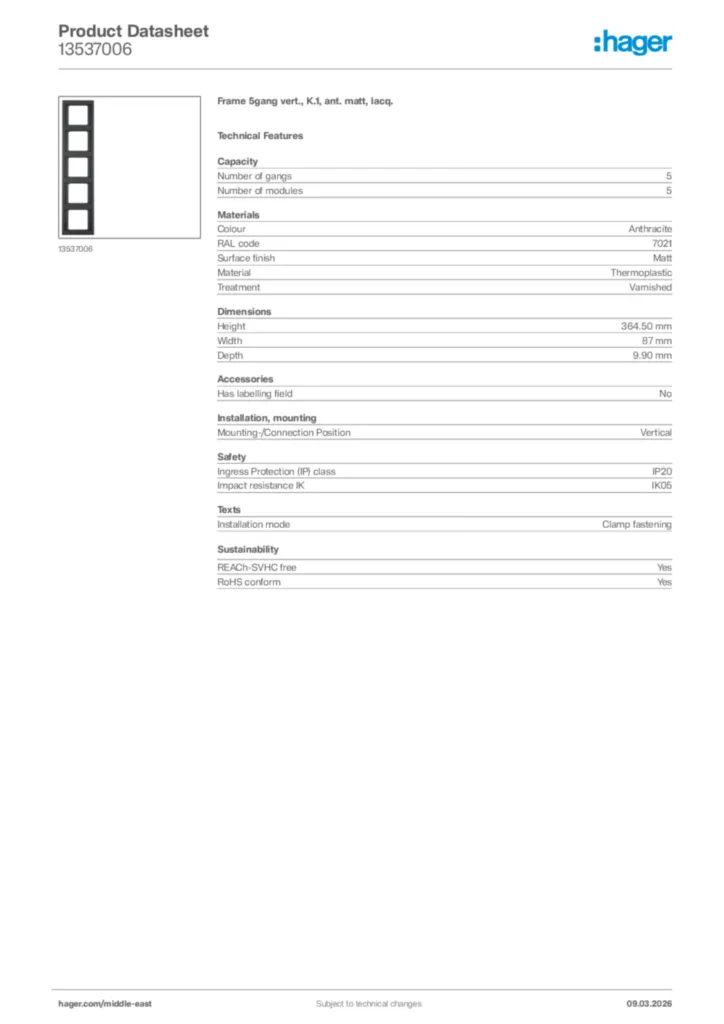 Image Hager Product data sheet 13537006  | Hager
