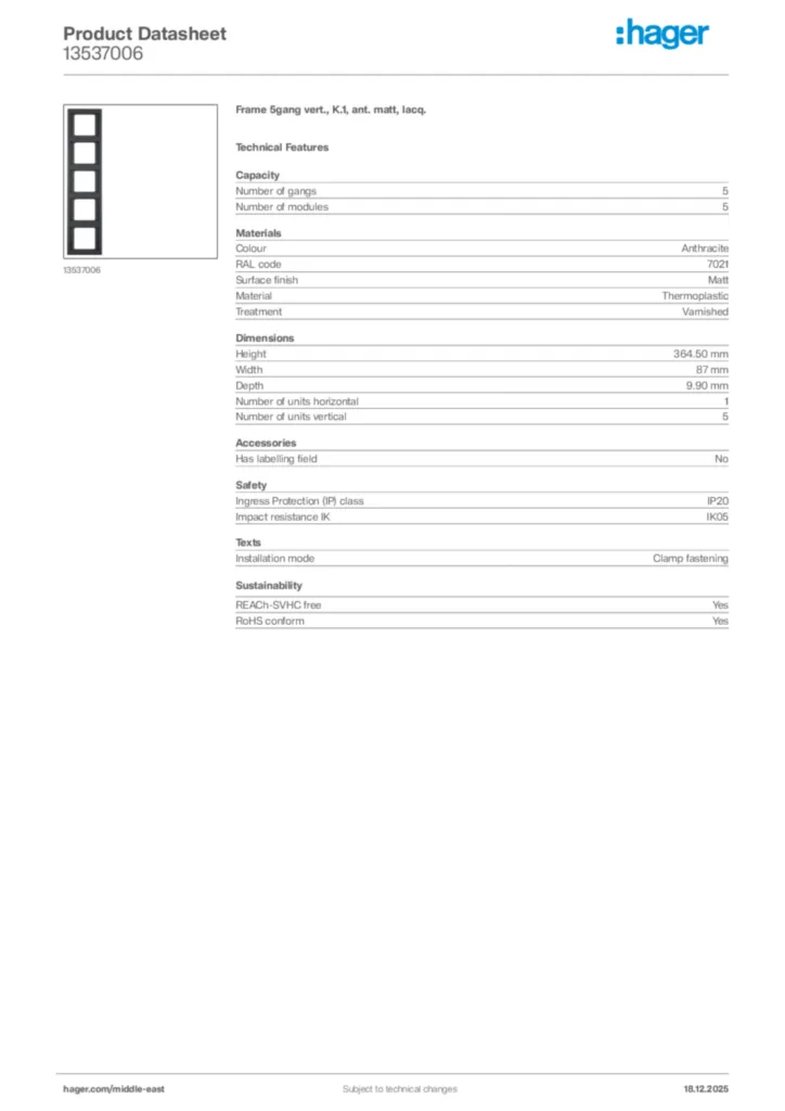 Image Hager Product data sheet 13537006  | Hager