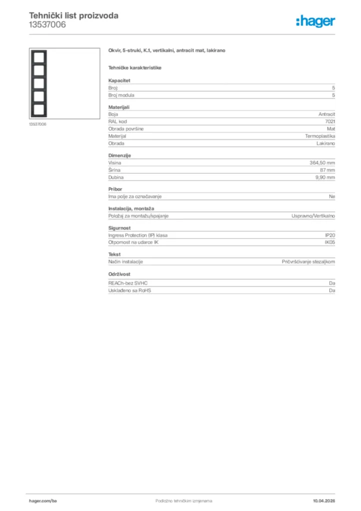 Slika Hager Tehnički list proizvoda 13537006  | Hager