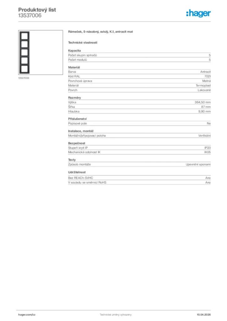 Obrázek Hager Product data sheet 13537006 | Hager