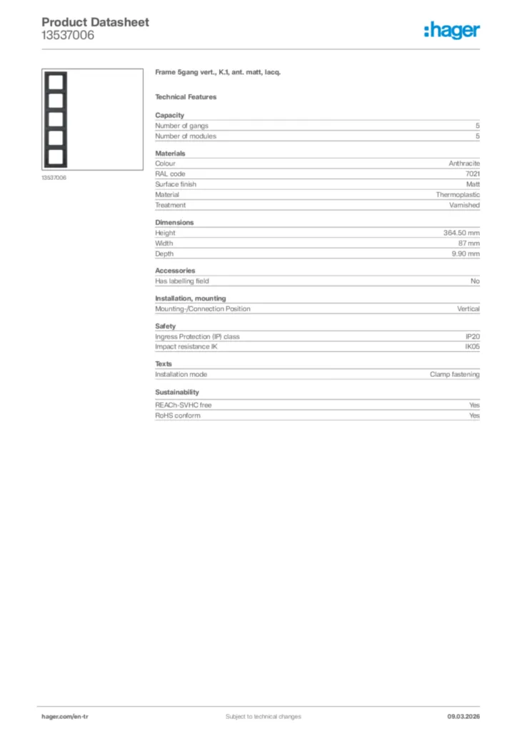 Image Hager Product data sheet 13537006  | Hager